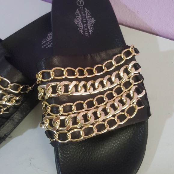 NWT Charles Albert black/gold chained slides - Picture 5 of 6